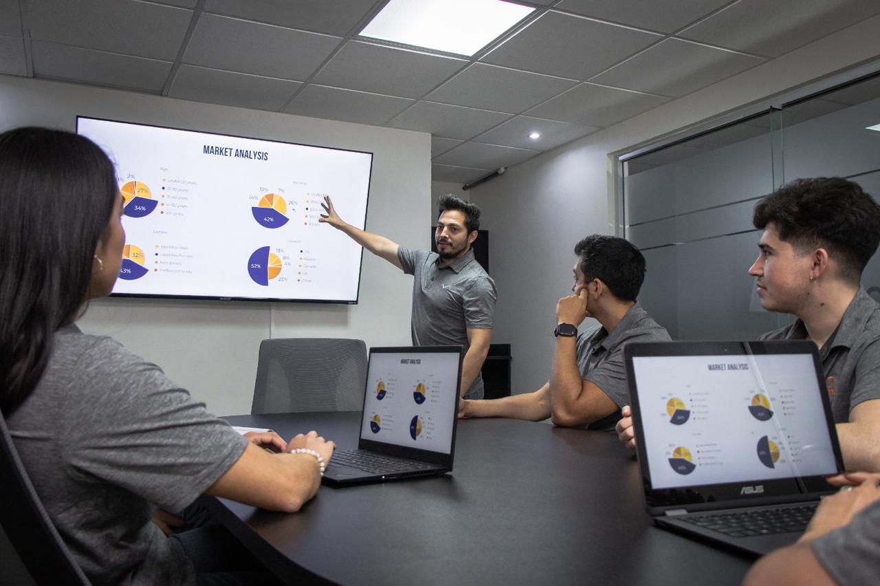 MM Online team reviewing a market analysis presentation in the boardroom